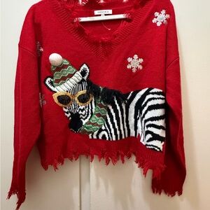 Hooked Up by IOT Red V-Neck Sweater with Festive Zebra